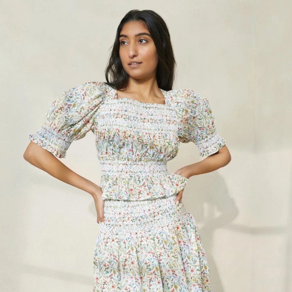 Loeffler Randall Nicola Floral Puff-Sleeve Cinched Blouse, Size S